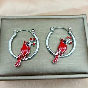 Red Cardinal Silver Hoop Earrings